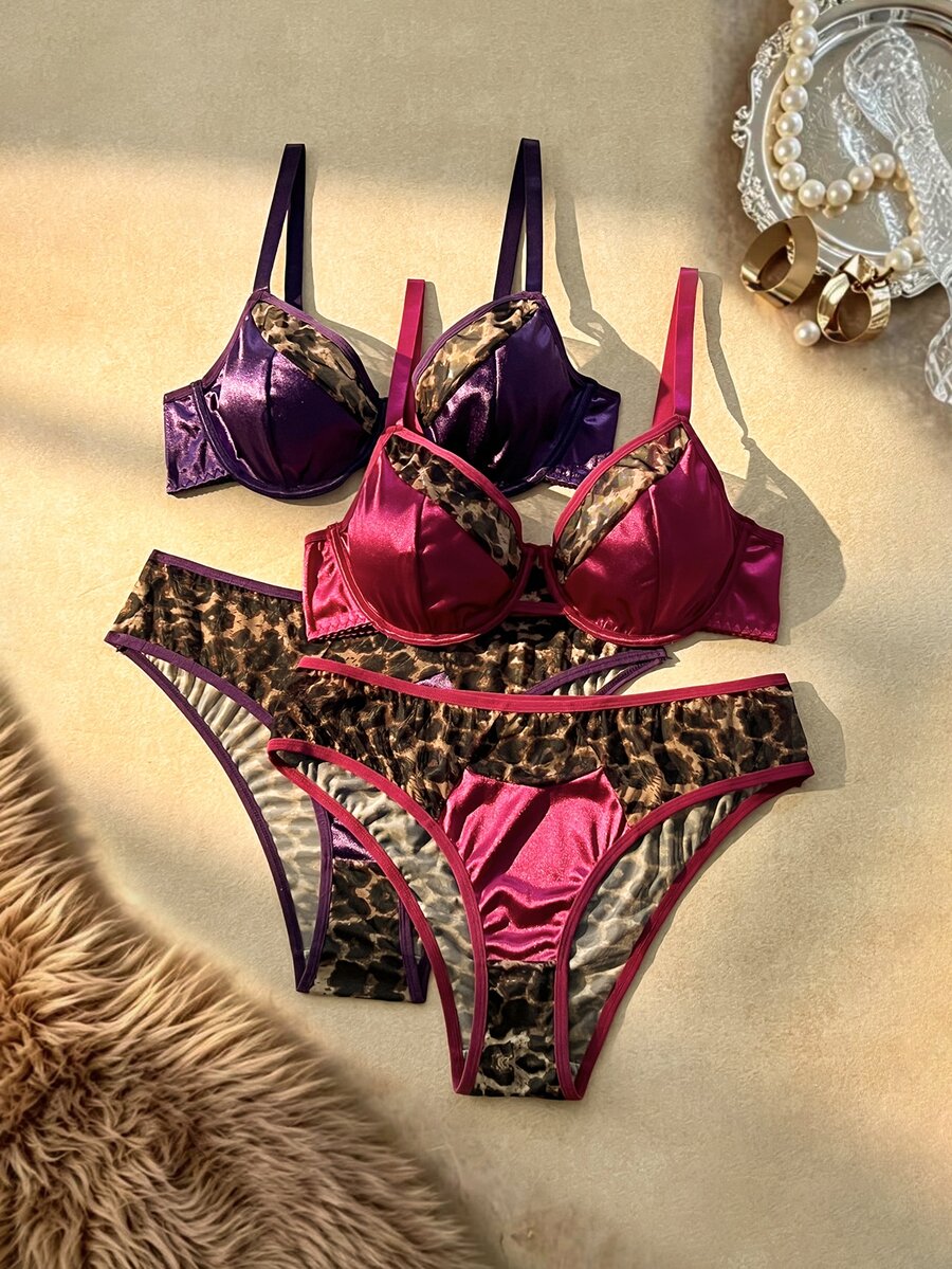 Bare Chapter Plus Size Classic Sexy Leopard Print Wild Contrast Color Satin & Mesh Top + Panties 4-Piece Set - Multicolor - View 1