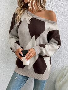 SHEIN LUNE 女款休閒露肩毛衣，適合秋冬穿著，春季休閒女款毛衣 - 彩色 - 查看 4