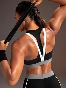 Powerista Women's Colorblock High Support Workout Sports Bra, Athletic Active Fitness Bra For Weight Training & HIIT, Sporty Athleisure Casual Everyday Wear - Black - View 1