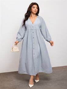 Enliva Plus Size Striped Cotton Blend Button Front Long Sleeve Dress Compatible With Apple Body Round Body - Black and White - View 7