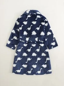 Cozy Pixies 小男孩休閒舒適兒童百搭恐龍印花毛絨布家居服睡袍浴袍海灘度假秋季 - 寶藍色 - 查看 2