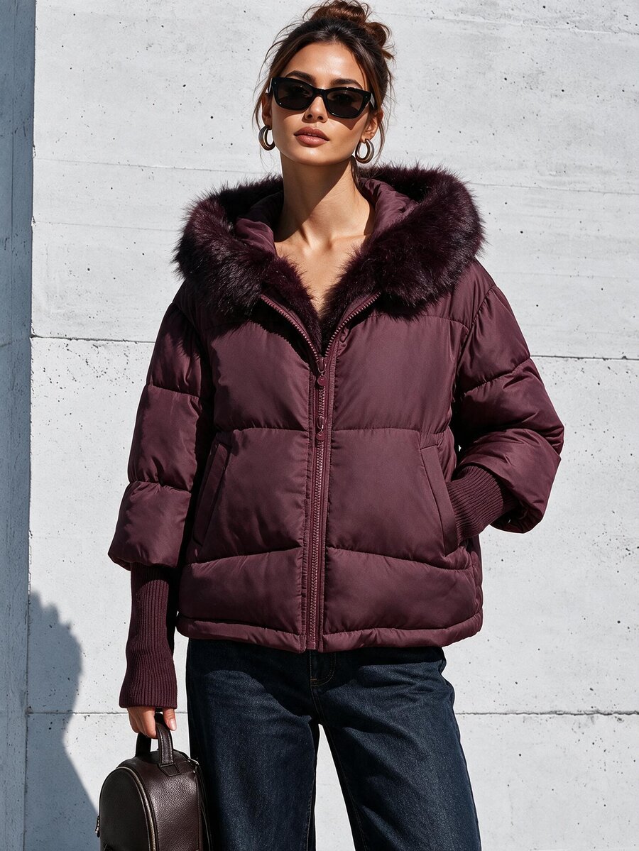 Penseblé Women's Solid Color Zipper Fleece Patchwork Casual Versatile Winter Hooded Padded Coat - Burgundy - View 1