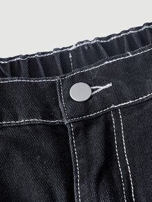 SHEIN Tall CURVE 大尺碼女款休閒日常旅行牛仔褲，附口袋與鈕扣 - 黑色 - 查看 5