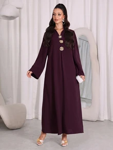 Al Najma 女款土耳其長洋裝與阿拉伯傳統阿巴雅棕色洋裝，杜拜奢華巧克力棕現代卡夫坦洋裝 - 藕粉色 - 查看 4