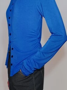 Anewsta Essential Elegant Blue Women's Knitted Rayon Slim Fit Button-Down Cardigan Top For Daily Commute In Autumn - Blue - View 6