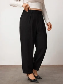 Enliva Women Plus Size Linen-Blend Trousers, High-Waisted Relaxed Straight-Leg Pants With Front Pleats, Elastic Back Waist And Cuffed Hem, Fall/Winter Pant - Black - View 6