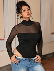 SHEIN BASICS Plus Size Sexy Mesh Patchwork Long Sleeve Bodysuit - Black - View 7