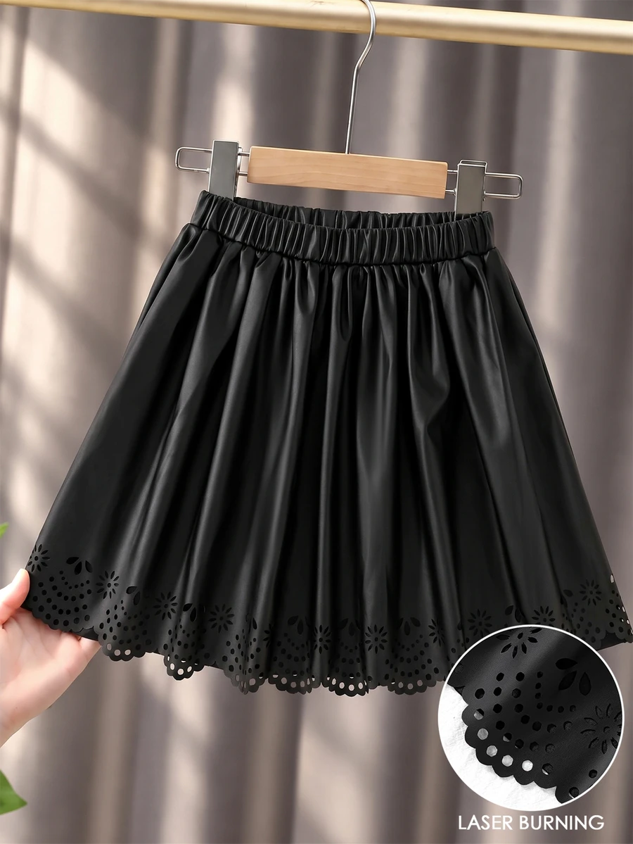 Tween Girls Faux PU Leather Skirt Black Elastic Waist Laser Cut Out Scallop Hem A Line Flared Pleated Plain Skirts - Black - View 1