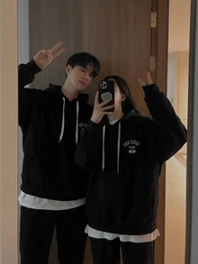 DAZY Autumn/Winter Thermal Lined Black Hooded Sweatshirt Set With Letter Print On Chest And Back For Men - Black - View 3