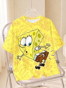 SpongeBob SquarePants | SHEIN Plus Size Women's Cartoon Print Casual Everyday Short Sleeve T-Shirt - White - View 1