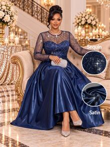 Fleurora Plus Size Women's Patchwork Sequin Mesh Round Neck Long Sleeve Elegant Dress - Navy Blue - View 1