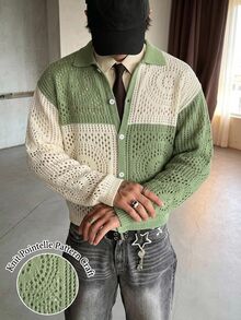 Manfinity Homme كارديجان رجالي محبوك بأزرار وتصميم مفرغ بألوان متباينة - أخضر - مشاهدة 3