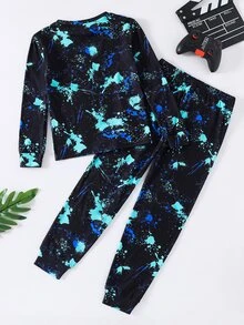 SHEIN 青少年男孩休閒舒適卡通印花上衣與修身長褲睡衣套裝 - 彩色 - 查看 2
