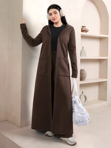 Veilorie Women's Fashion Pocket Hooded Robe And Loose Pants 2 Pieces Set - Brown - View 5