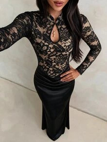Avenya Stand Collar Long Sleeve Lace Sheer Patchwork Low Waist Ruffle Satin Dress For Party, Back To School - Black - View 4
