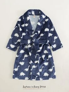 Cozy Pixies 小男孩休閒舒適兒童百搭恐龍印花毛絨布家居服睡袍浴袍海灘度假秋季 - 寶藍色 - 查看 1