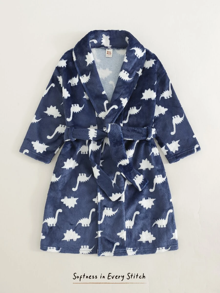 Cozy Pixies 小男孩休閒舒適兒童百搭恐龍印花毛絨布家居服睡袍浴袍海灘度假秋季 - 寶藍色 - 查看 1