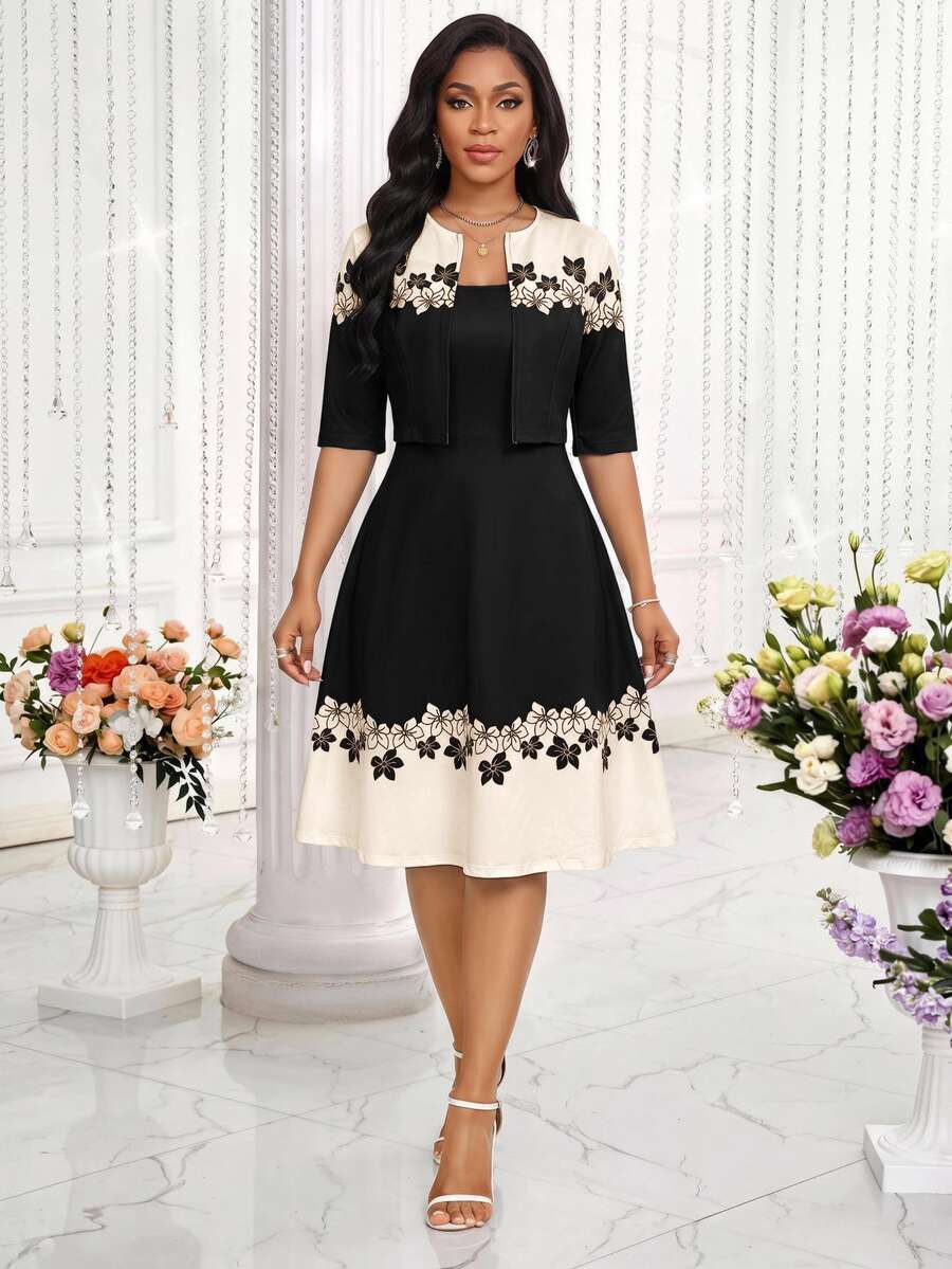 SHEIN Lady 女款優雅正式藍白花卉A字中長洋裝,適合秋冬辦公室工作、派對、教堂、外出、聖誕、新年、婚禮、生日、夜晚聚會 - 黑色和杏色 - 查看 1
