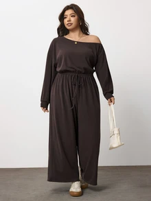 Enliva Plus Size One Shoulder Wide Leg Jumpsuit With Elastic Waist Compatible With Apple Body Round Body - Brown - View 5
