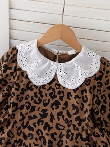 SHEIN 1pc Girls' Autumn New Fresh Style Loose Fit Long Sleeve Dress With Elastic Cuffs, Exquisite Collar, Back Opening Design, Casual Versatile Leopard - Brown - View 6