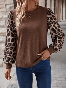 Comfylo Plus Size Round Neck Lantern Sleeve Leopard Print Pattern Loose Fit T-Shirt - Multicolor - View 1