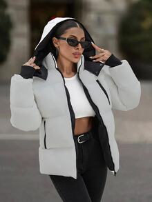 SHEIN جاكيت منفوخ مبطن بالريش للنساء بتصميم كاجوال مع بطانية رأس وسحاب وتفاصيل أساور مضلعة متباينة الألوان - أبيض - مشاهدة 6