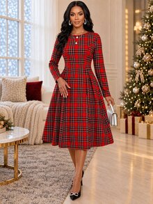 SHEIN Lady فستان نسائي كاجوال يومي صيفي بطول متوسط بنقشة مربعات وثنيات - أحمر مشرق - مشاهدة 1