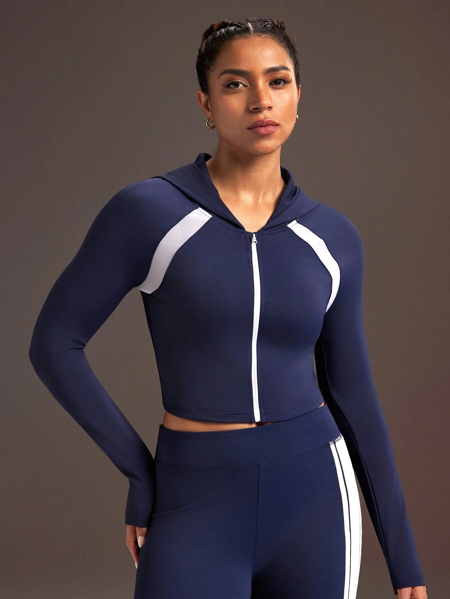 Powerista Women's Colorblock Casual Everyday Hooded Sports Jacket - Navy Blue - View 1