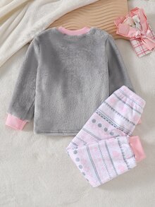 SHEIN Genkimix Kids 女童 2 件組冬季睡衣套裝，紅色企鵝刺繡毛絨上衣與 Fair Isle 針織圖案長褲，珊瑚絨家居服，秋季仙女家庭套裝 - 灰色 - 查看 2