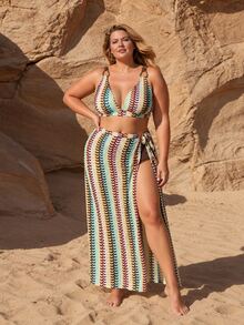 Swim Oasis Plus Size Women's Summer Beach Colorblock Sexy Bikini And Triangle Panty Two-Piece Swimsuit Set With Skirt - Multicolor - View 6