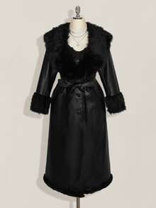 SHEIN ICON Plus Size Women's Fashion Versatile Winter Faux Fur Coat - Black - View 3
