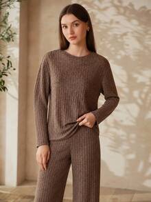 MOTF PREMIUM WOMEN'S MINIMALIST ROUND NECK LONG SLEEVE TOP AND PANTS LOUNGEWEAR SET - Coffee Brown - View 1