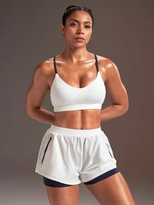 Powerista Women's Colorblock Bra And Shorts Daily Fitness Sports Set - White - View 2