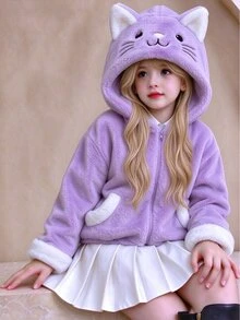 SHEIN 1件女款甜美風休閒外套，校園休閒穿搭，秋冬3D貓咪刺繡連帽寬鬆抓絨夾克 - 彩色 - 查看 3