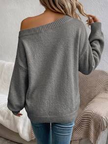 SHEIN LUNE 女款純色單肩休閒日常穿著毛衣 - 灰色 - 查看 2