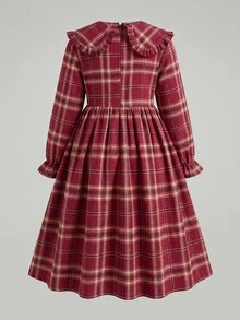 SHEIN Tween Girls Long Sleeve Tween Girl Plaid Cinched Waist Bow Exaggerated Collar Long Dress Autumn/Winter - Burgundy - View 2