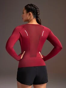 Powerista Letter Print Long Sleeve Sports T-Shirt Yoga Fitness - Burgundy - View 3