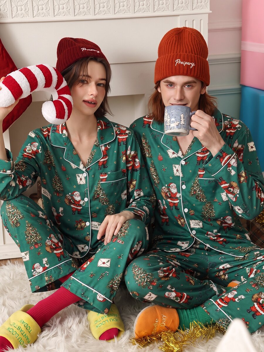 Chillnights 男士聖誕老人印花翻領休閒家居服套裝 - 綠色 - 查看 1