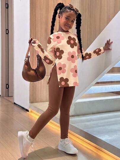 Cream Apricot + Caramel Brown, Vintage Large Floral, Maillard Girl Soft Cute Sweet Style, Tween Girls Loose Long Sleeve Side Slit Top + Slim Fit Leggings 2 Pieces Set, Girl Series, Sweet Gentle, Cute Outfit, Casual Daily, Party Wear, Vacation Outfit, Street Girl, Autumn Outfit,