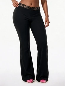 Vadaroq Women's Fashion Lace Patchwork Flared Leg Sports Pants - Black - View 5
