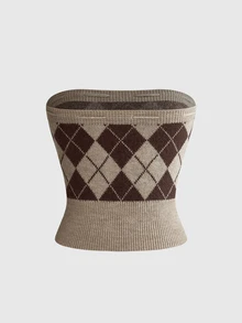 ROMWE Kawaii Autumn/Winter Versatile White Aesthetic Sweet Girl Tube Top & Lantern Sleeve 2 Pieces Sweater Set - Coffee Brown - View 4
