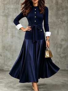 Breezaya Women's Luxury Business Style Button Ribbed Dress - Royal Blue - View 6