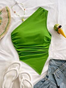 Soleia Women's Cotton Asymmetrical Hem One-Shoulder Top For Summer Vacation - Green - View 7
