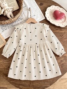 SHEIN Vintaside Kids 女童 4-7歲 心形印花荷葉邊燈芯絨長袖前開鈕扣 A字洋裝 7歲生日秋季仙女風 - 杏色 - 查看 2