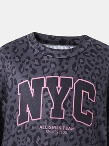 Young Girl Letter Leopard Kids Print Long Sleeve T-Shirt And Leggings Casual Set - Multicolor - View 3