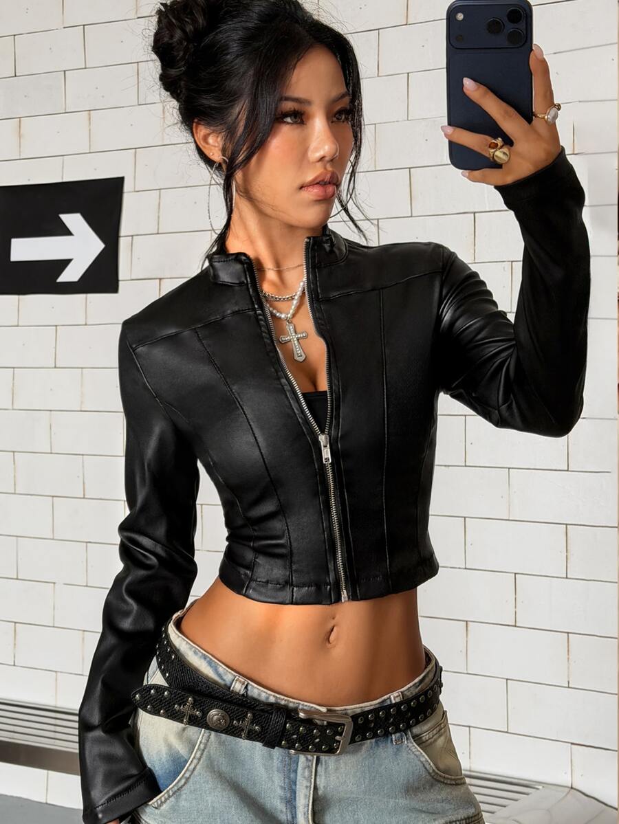Jeanoix Women's Y2K Punk Style Faux Leather Coated Jacket - Black - View 1