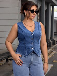 SHEIN Essnce 大尺碼女款單排扣V領休閒牛仔背心外套，商務休閒女裝 - 藍色 - 查看 4