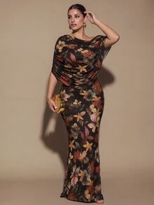 SHEIN BAE CURVE Plus Size Women's Floral Print Long Ruched Dress, Elegant Long Dress, Date Dress,Winter,Party,Fall,Summer,Asymmetrical Shoulder Maple Leaf Print - Multicolor - View 5