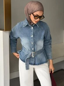 DAZY Women's Raglan Sleeve Single-Breasted Casual Denim Jacket - Blue - View 5