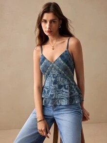 Willow Rêve Women's Burgundy And Gold Bohemian Style Boho Printed V-Neck Camisole Top With Ruffle Hem, Valentine's Day Style, Dinner Date Vacation Summer - Blue - View 8